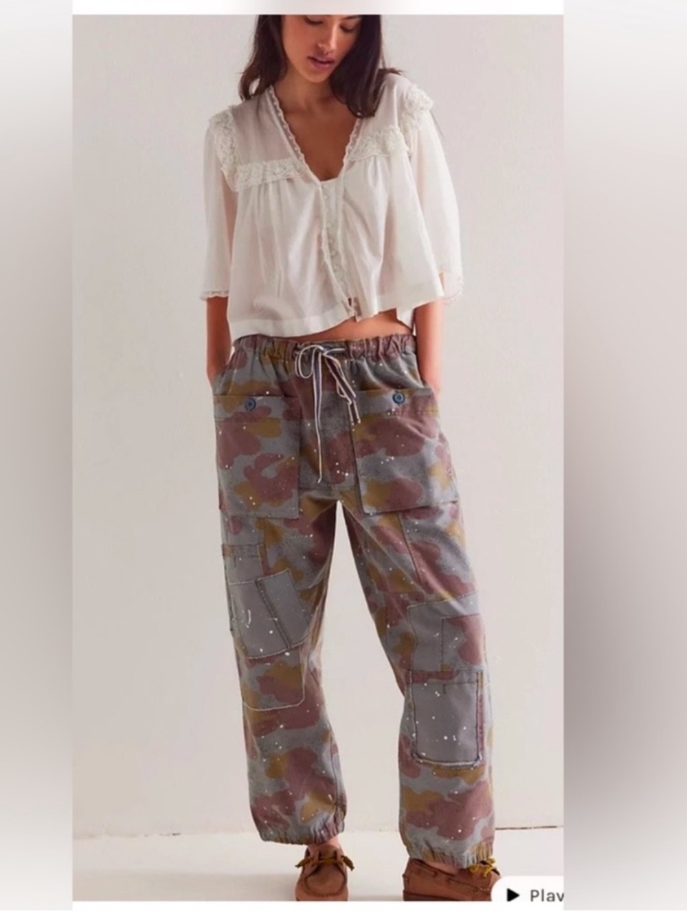 Free People Pretty Rebel Camo Pants Cargo Smocked Tie Blue
Olive Brown